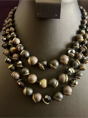 Multi-Strand Matte Black and Antique Gold Beaded Necklace - Women Jewelry